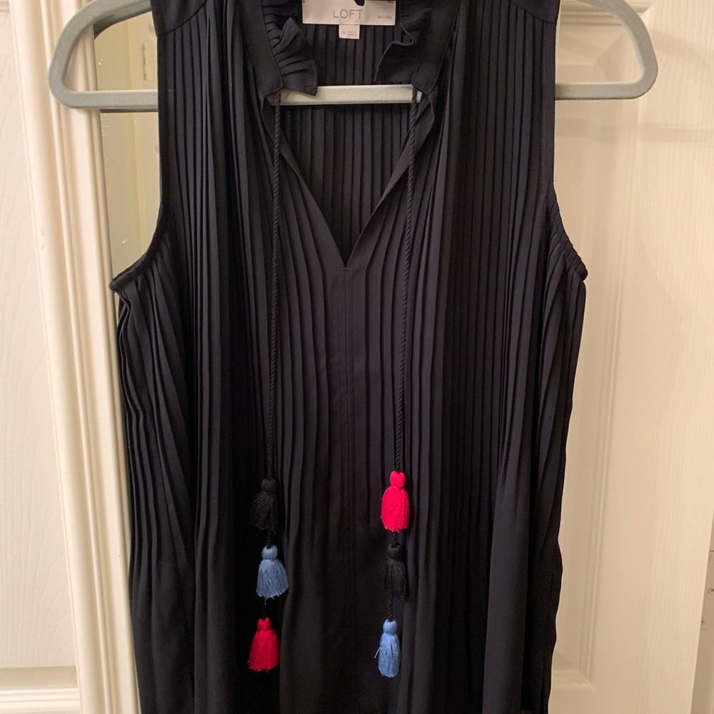 Loft SP black, flowy, top with fringe ties.